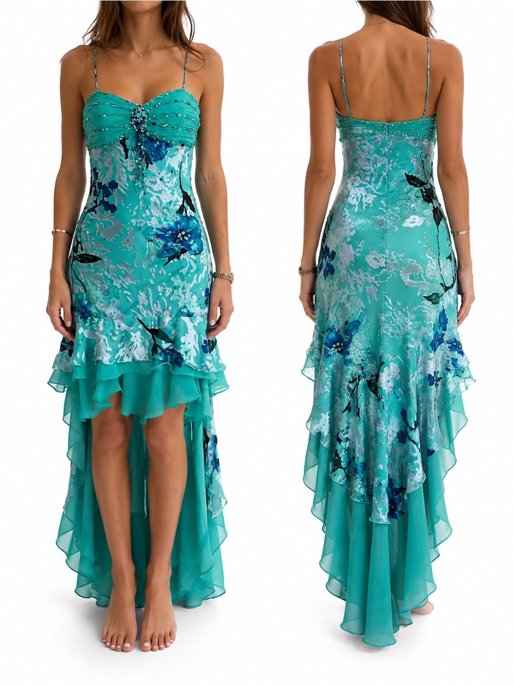Teal Embellished silk dress